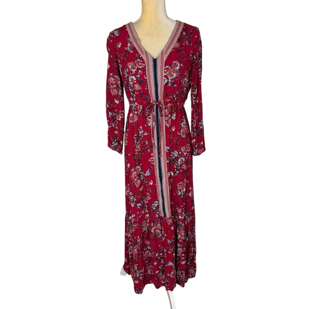 Red Floral Maxi Dress with V-Neck and Tie Waist